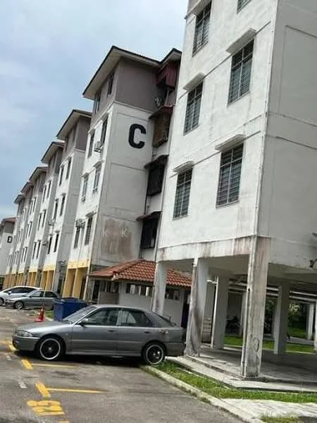 Exterior type: low-rise apartment block; features: white painted facade, grey painted facade, 2-storey building, balconies with railings, parking lot, car porch, surrounding greenery; style: modern.