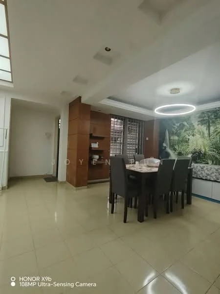 Dining features: rectangular dining table with six chairs, wooden cabinetry, large wall mural with tropical plants, cream tiled flooring, recessed ceiling lights, circular pendant light, window with sheer curtains, built-in shelving unit, decorative wall paneling; style: modern.