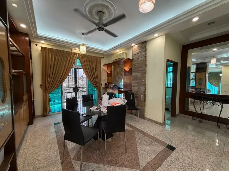 Dining features: round dining table, 4 black dining chairs, granite flooring, cream painted walls, recessed downlights, ceiling fan, curtains, decorative wall with stone cladding, wall-mounted mirror, open layout to kitchen, floor-to-ceiling windows; style: modern; view: city. Living features: sofa, coffee table, decorative wall with stone cladding, recessed downlights, curtains, floor-to-ceiling windows; style: modern; view: city.