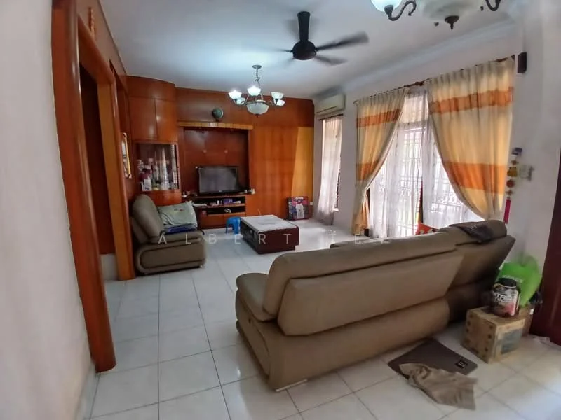 Living features: cream painted walls, white ceiling with chandelier, 5-blade ceiling fan, large windows with sheer curtains, light-colored tiled flooring, 2-seater fabric sofa in beige, 3-seater fabric sofa in beige, TV console with wall-mounted TV, wooden cabinetry, decorative wall shelves, coffee table, area rug; style: traditional.