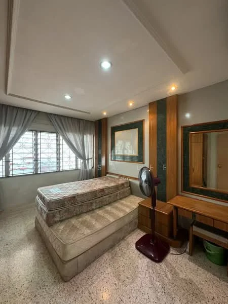 Bedroom features: queen-size bed, wooden headboard, wooden bedside table, dressing table with mirror, ceiling with recessed lighting, grey painted walls, curtains, floor-to-ceiling windows, fan, polished concrete flooring; style: modern; view: city.