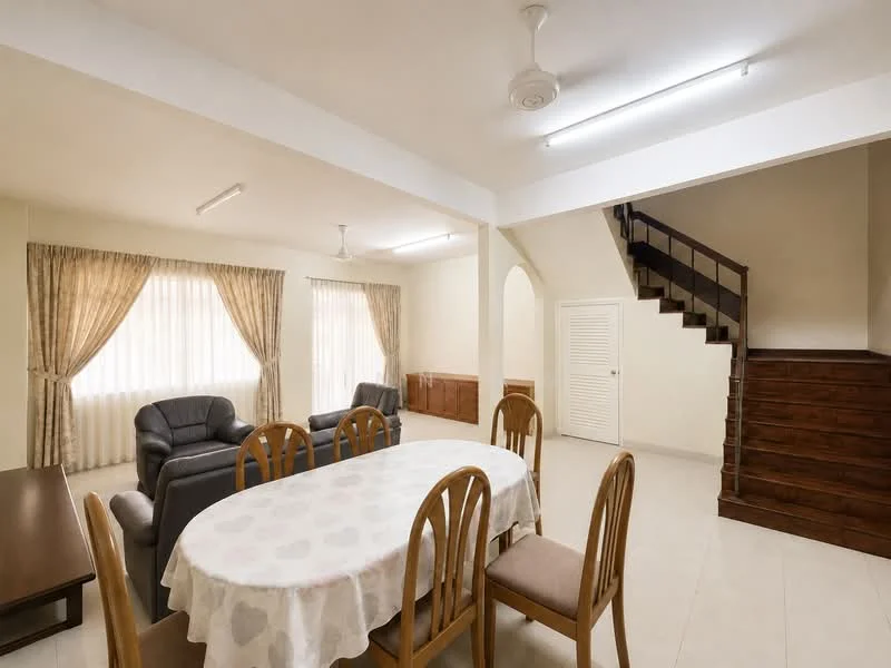 Living features: light-coloured walls, cream curtains, 2-seater leather sofa in grey, 3-seater fabric sofa in dark grey, ceiling fan, recessed lighting, tile flooring, wooden staircase, wooden paneling on lower wall, dining table with 6 chairs, decorative wall arch, large windows; style: modern.