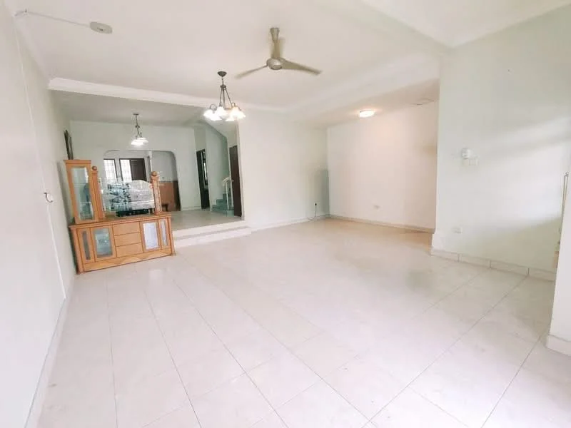 Living features: white painted walls, ceramic tile flooring, ceiling fan, 3-blade ceiling fan, recessed downlights, chandelier, built-in wooden cabinet, open layout, natural light from windows, neutral color scheme; style: modern.
