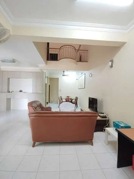 Living features: 3-seater leather sofa in brown, coffee table, wall-mounted TV, TV console, ceiling fan, white painted walls, tile flooring, recessed downlights, decorative wall sconce, dining table with chairs visible in background; style: modern. Kitchen features: white cabinetry, countertop, built-in appliances, open layout to living area; style: modern.