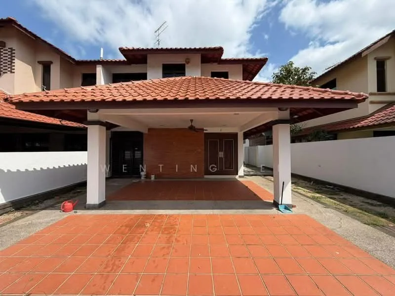 Exterior type: semi-detached house; features: red tiled roof, white painted facade, covered car porch, paved driveway, outdoor ceiling fan, manicured lawn, surrounded by walls, two-storey structure, visible windows, gated entry; style: modern.