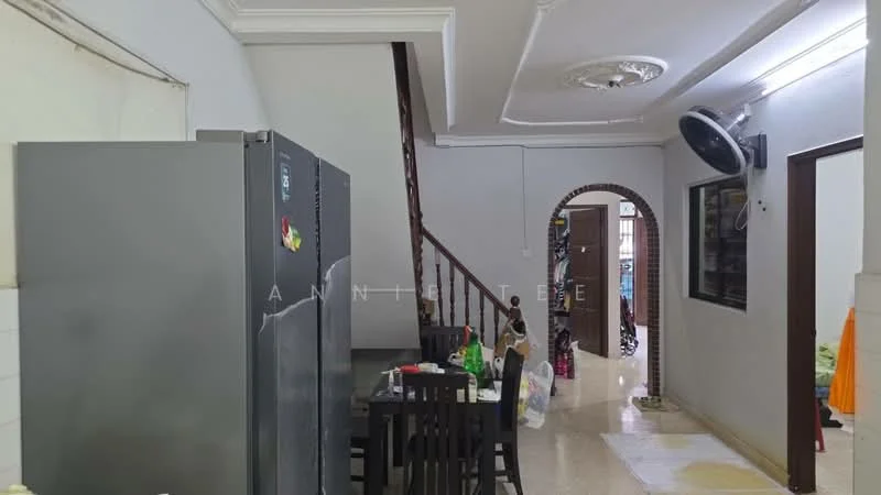 Kitchen features: stainless-steel fridge, black dining table with chairs, white tiled walls, cream tiled flooring, ceiling rose, recessed downlights, open layout to living area, wall-mounted air conditioning unit; style: modern. Hallway features: arched doorway, cream painted walls, staircase with wooden railing, decorative wall art; style: modern.