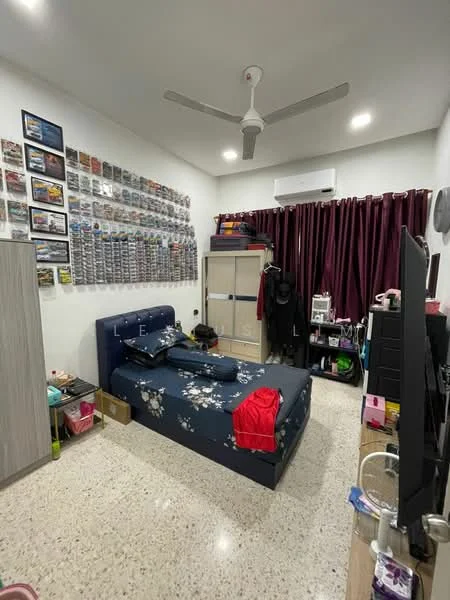 Bedroom features: queen-size bed with blue bedding, upholstered headboard, 3-blade ceiling fan, wall-mounted air conditioning unit, large window with burgundy curtains, decorative wall with framed pictures, built-in wardrobe with sliding doors, TV console with wall-mounted TV, flooring with polished terrazzo finish, clothing rack, storage boxes, area rug; style: modern.