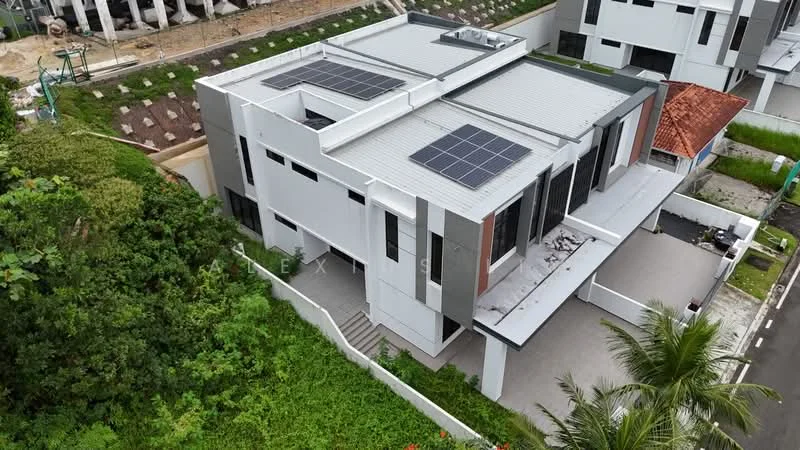 Exterior type: detached bungalow; features: white painted facade, flat roof, solar panels on roof, large windows, manicured lawn, paved driveway, surrounded by greenery, outdoor terrace, side garden area; style: modern.