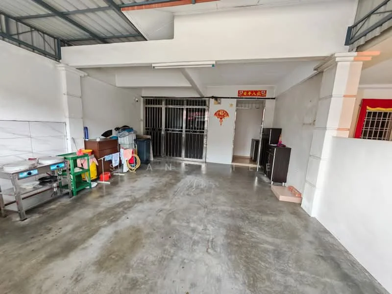 Room features: concrete flooring, white painted walls, metal roof, grill gate, kitchen area with sink, open space layout, storage cabinets, decorative wall hanging; style: minimalist.