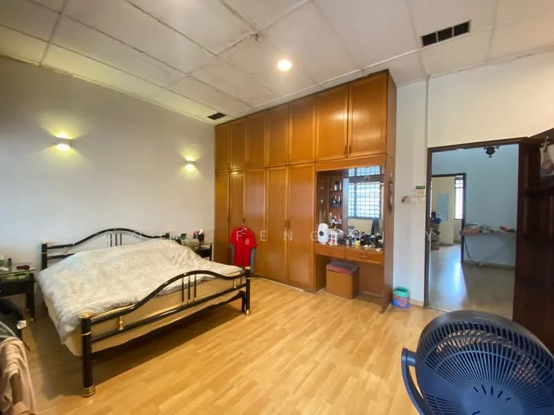 Bedroom features: queen-size bed with patterned bedding, built-in wooden wardrobe with sliding doors, wooden flooring, wall-mounted mirror, dressing table with stool, 2 wall sconces, ceiling with exposed beams, window with natural light; style: traditional.