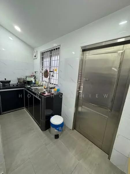Kitchen features: black cabinetry, stainless-steel countertop, single-bowl stainless-steel sink, chrome pull-down faucet, built-in gas stove, exhaust hood, white tiled walls, grey tile flooring, window with metal grille, metal door, kitchen utensils on countertop, plastic trash bin; style: modern.