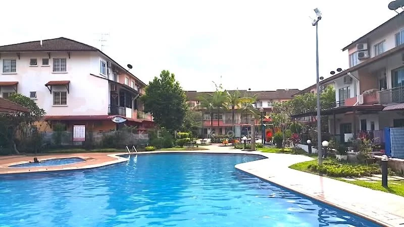 Exterior type: linked terrace house; features: swimming pool, jacuzzi, pool deck with loungers, landscaped garden, mature trees, paved walkway, multiple storey buildings, outdoor lighting, balconies on upper floors, surrounding greenery; style: modern.