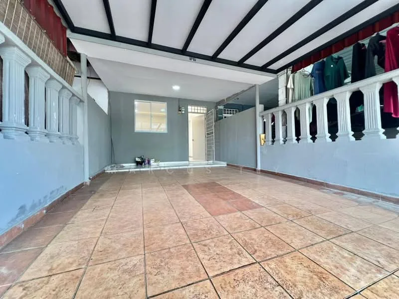 Room features: grey painted walls, exposed beams ceiling, ceramic tile flooring, decorative railing, clothes hanging on railing, natural light from window, open layout, neutral color scheme; style: modern.