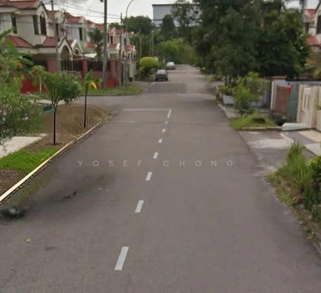 Exterior features: paved road, sidewalk, street trees, residential houses, curbside landscaping, street lighting, parking spaces, greenery along the road.