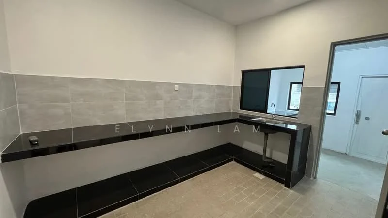 Kitchen features: black granite countertop, grey tiled backsplash, single-bowl stainless-steel sink, chrome pull-down faucet, black cabinetry, grey floor tiles, window above sink, open layout; style: modern.