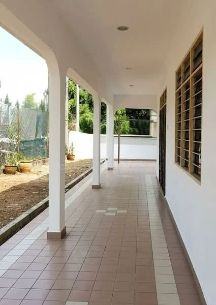Exterior features: tiled flooring, white painted walls, arched doorways, windows with metal grilles, outdoor corridor, landscaped area with potted plants, natural light from windows, surrounding greenery; style: modern.
