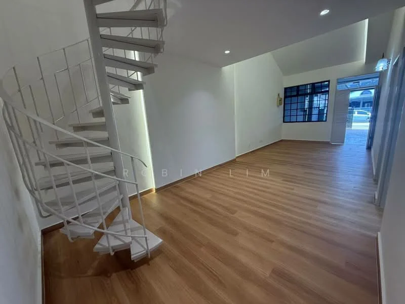 Room features: spiral staircase, wood laminate flooring, white painted walls, recessed downlights, large windows, natural light, open layout, high ceiling; style: modern.