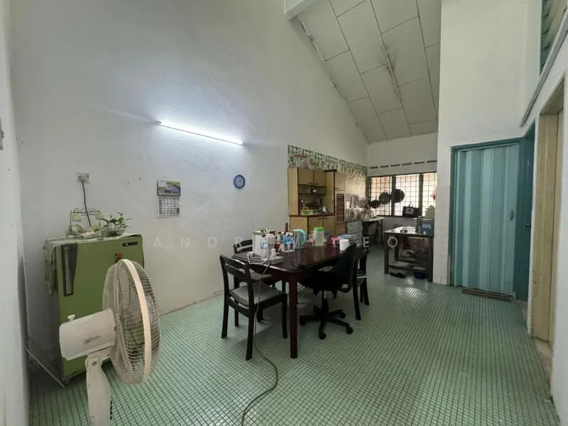 Dining features: green mosaic tile flooring, white painted walls, exposed beams ceiling, wood dining table with chairs, refrigerator, wall-mounted calendar, window with metal grilles, ceiling fan.