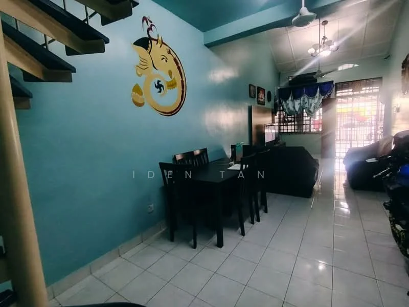 Living features: light blue painted walls, white tiled flooring, ceiling fan, dining table with four chairs, decorative wall art, window with grille, staircase, natural light from window, black furniture, open space layout; style: modern.