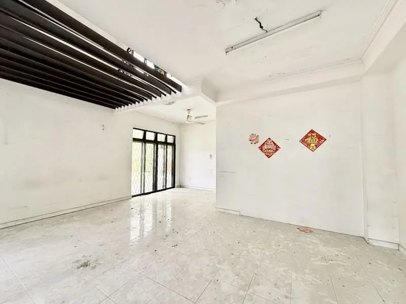 Room features: white painted walls, marble tile flooring, ceiling with exposed beams, 5-blade ceiling fan, floor-to-ceiling windows, sliding glass door, decorative wall hangings, crown moulding; style: minimalist; view: garden.