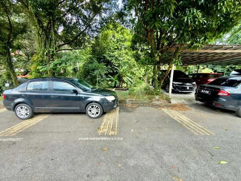 Exterior type: parking deck; features: paved parking lot, covered parking area, landscaped greenery, mature trees, multiple parked cars, marked parking spaces; style: modern.