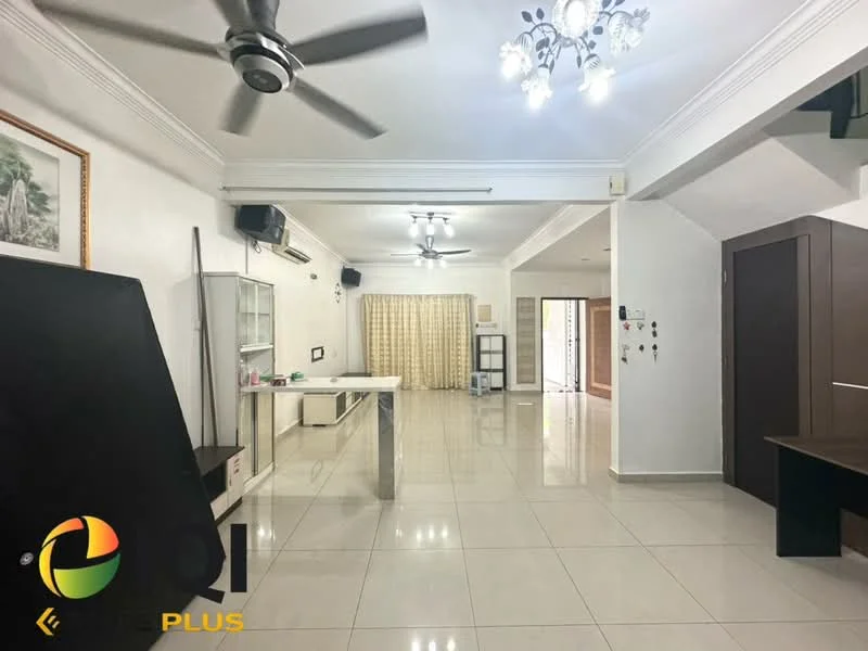 Living features: white painted walls, glossy tile flooring, 5-blade ceiling fan with light, chandelier with multiple bulbs, large sliding glass door, curtains in light fabric, built-in shelving unit, wall-mounted air conditioning unit, decorative wall art, open layout, neutral color scheme; style: modern.