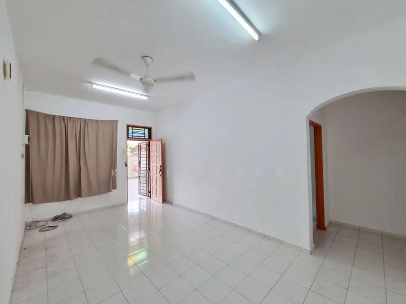 Room features: white painted walls, white tiled flooring, ceiling fan, window with brown frame, curtains, double-door entrance, light fixtures, open layout; style: minimalist.
