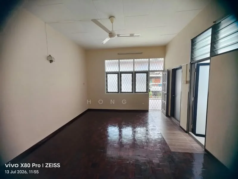 Room features: white painted walls, parquet wood flooring, ceiling fan, large windows with metal grilles, sliding glass door, natural light, open layout, high ceiling.