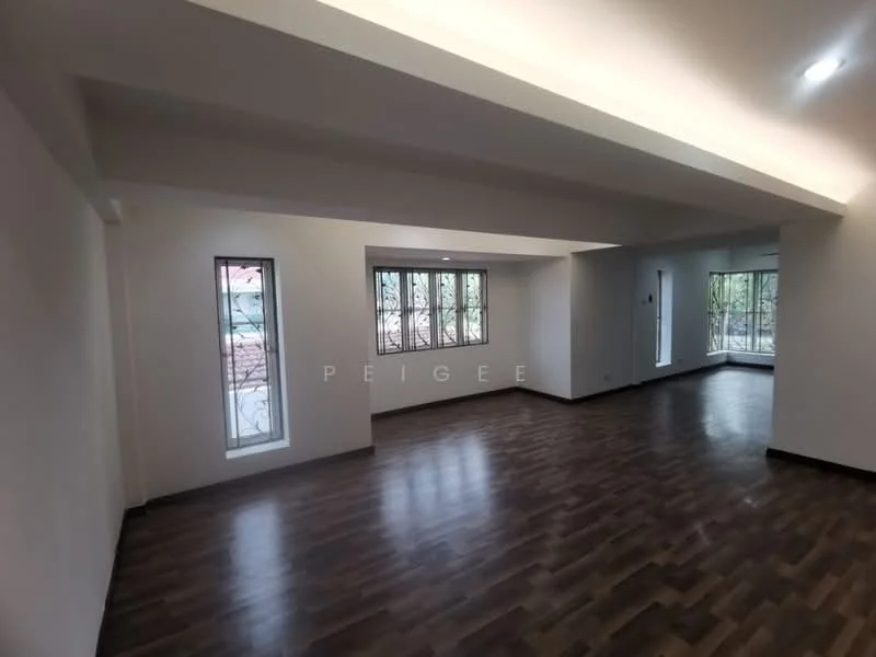 Living features: laminate flooring, white painted walls, tray ceiling with recessed lighting, floor-to-ceiling windows, window treatments with decorative grills, open layout, natural light from multiple windows; style: modern; view: garden.