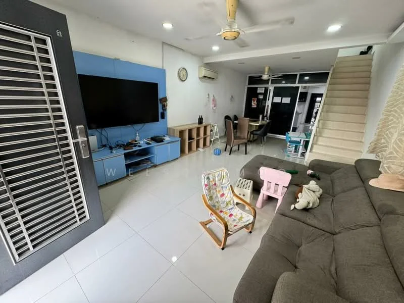 Living features: grey fabric sofa, white tiled flooring, wall-mounted TV, blue feature wall, ceiling fan, recessed lighting, open-plan layout, decorative wall clock, wooden shelving unit, children's chair, stuffed toy on sofa; style: modern. Dining features: dining table with chairs, open space leading to kitchen, white walls; style: modern.