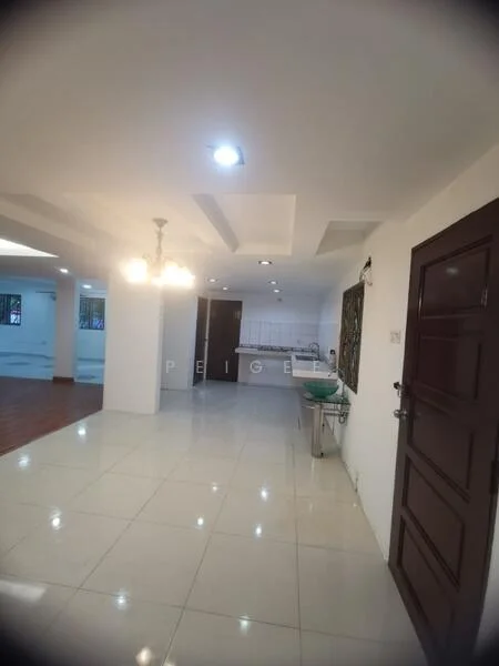 Room features: white painted walls, glossy ceramic tile flooring, recessed downlights, chandelier, open layout, kitchen area visible in background, entrance door, window with natural light; style: modern.