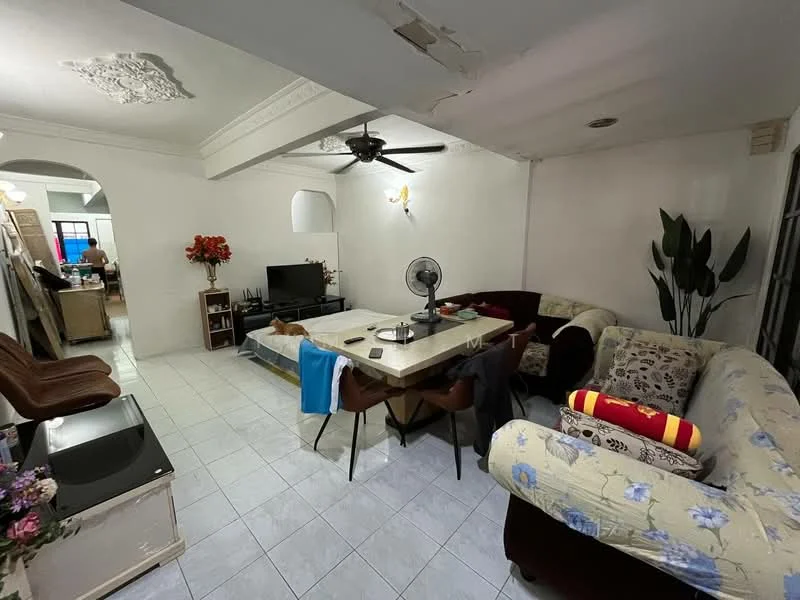 Living features: white painted walls, tile flooring, 5-blade ceiling fan with light, sofa in floral pattern, 2-seater fabric sofa in beige, coffee table, area rug, decorative houseplants, wall-mounted mirror, dining table with chairs; style: traditional.