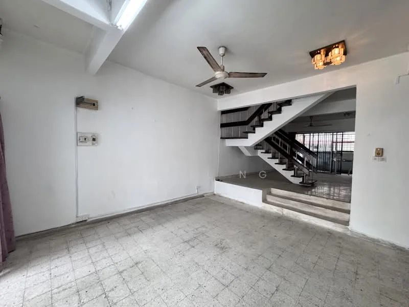 Living features: white painted walls, ceiling fan, chandelier, tile flooring, staircase with wooden railing, large windows, curtains, open layout; style: modern.