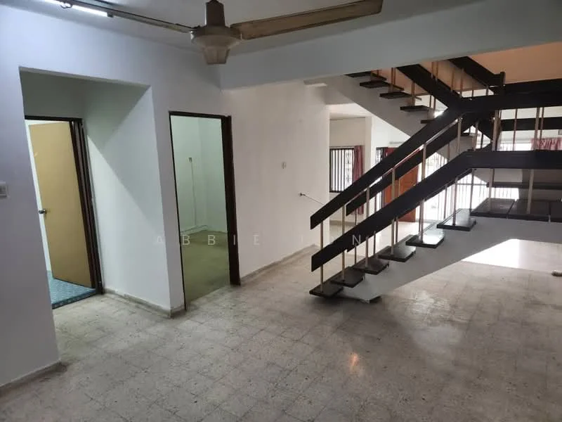 Living features: staircase with metal railing, cream tiled flooring, white painted walls, ceiling fan, large windows with natural light, open layout, doorway to adjacent room; style: modern. Room features: doorway leading to another room, plain walls, unknown flooring.