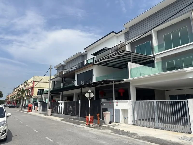 Exterior type: linked terrace house; features: grey and white facade, glass balcony railings, projecting balconies, flat roof, two-storey structure, manicured landscaping, gated entry, visible parking area, street view with road access, adjacent to other buildings; style: modern.