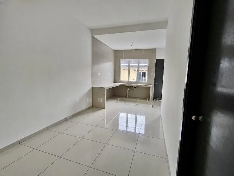 Kitchen features: white painted walls, glossy ceramic tile flooring, single-bowl stainless-steel sink, light-colored cabinetry, countertop with smooth surface, window with natural light, recessed downlights, open layout, no visible appliances; style: modern.