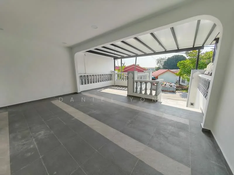 Room features: grey tiled flooring, white painted walls, exposed ceiling beams, large glass sliding door, balcony with railing, outdoor view, natural light from windows, open layout; style: modern; view: garden.