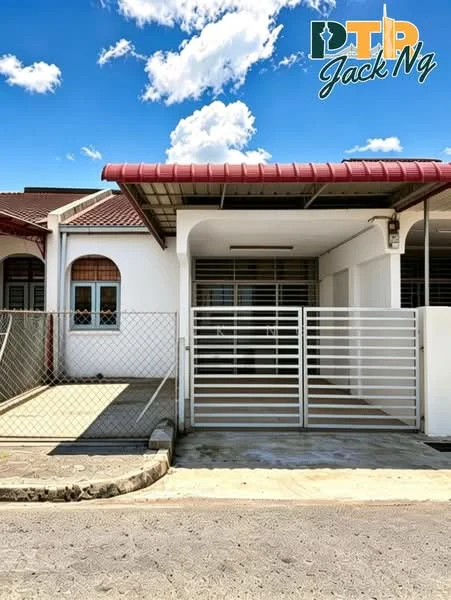 Exterior type: linked terrace house; features: white painted facade, red pitched tile roof, fenced front yard, sliding gate, concrete driveway, manicured lawn, front porch, single-storey, windows with grilles, street view, surrounded by residential area; style: modern.