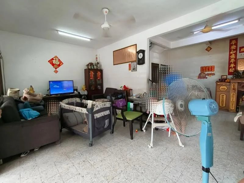 Living features: 3-seater fabric sofa in dark grey, coffee table, television on stand, decorative wall art, ceiling fan, tile flooring, wall-mounted decorations, baby crib, green high chair, standing fan, wooden cabinet, decorative items on shelves; style: traditional.