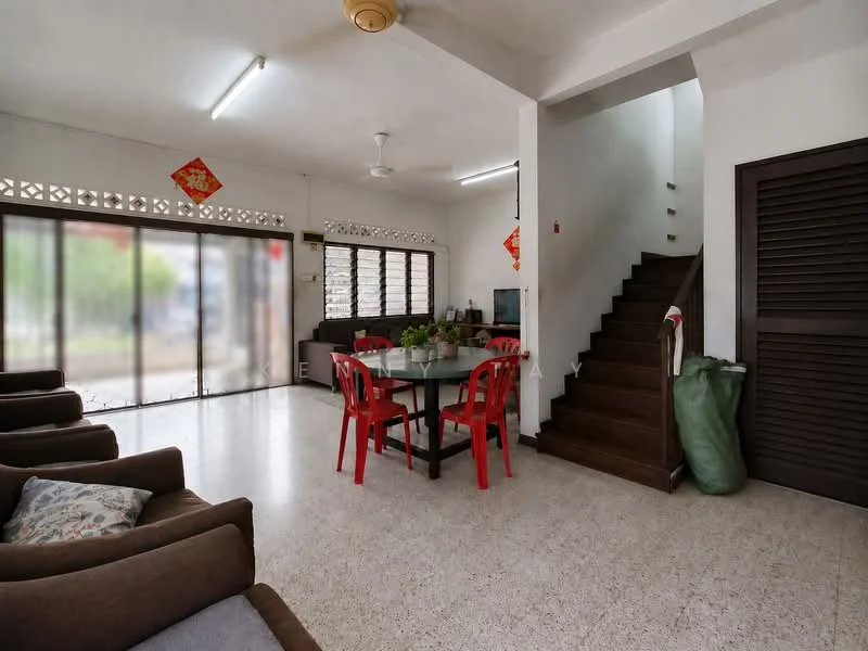 Living features: white painted walls, polished concrete flooring, 5-blade ceiling fan, large sliding glass door, curtains, sofa with cushions, coffee table, dining table with 6 red chairs, decorative wall art, staircase with wooden steps; style: minimalist; view: garden.