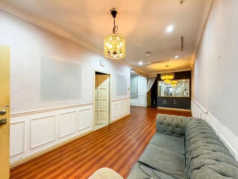 Living features: laminate wood flooring, white painted walls, crown moulding, chandelier light fixture, 5-blade ceiling fan, sofa in grey fabric, wall clock, door with panel design, decorative wall paneling, recessed lighting; style: modern.