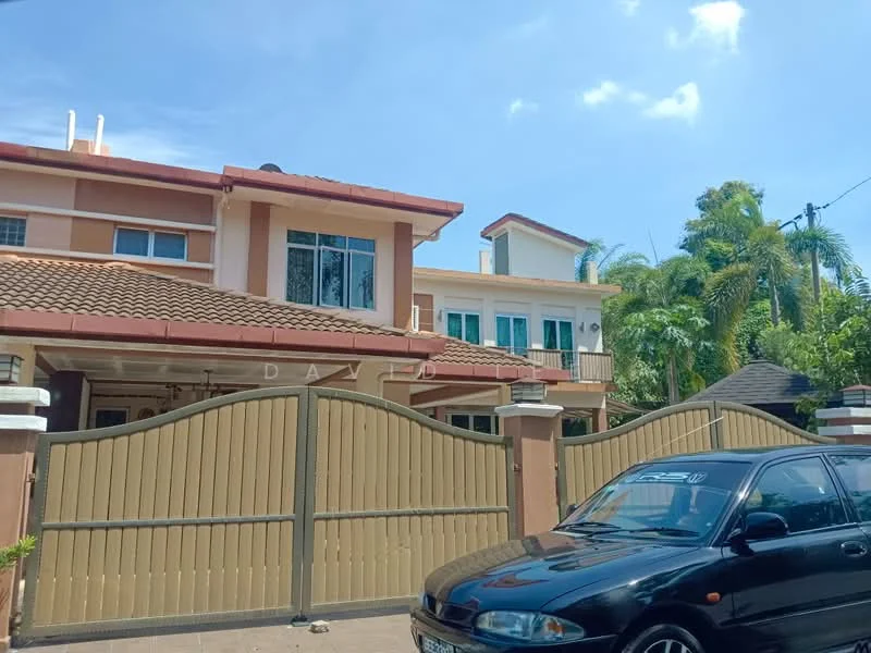 Exterior type: detached bungalow; features: two-storey building, cream painted facade, red tiled roof, manicured lawn, palm trees, gated entrance, driveway with interlocking pavers, front porch, multiple windows, decorative columns; style: modern.