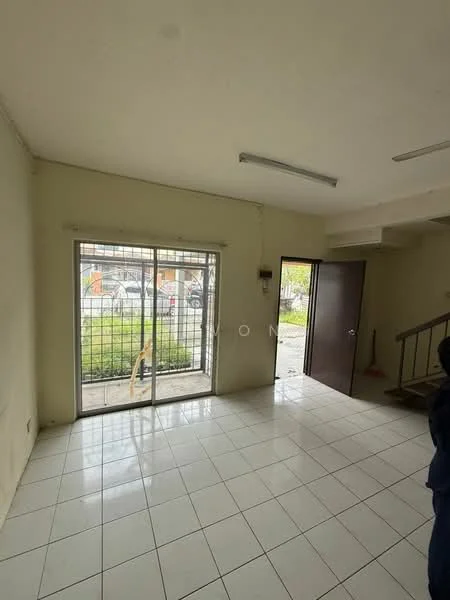 Living features: white painted walls, white tiled flooring, sliding glass door, grill on sliding door, ceiling lights, staircase visible, window with view of garden, door leading outside; view: garden.