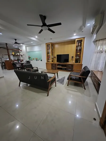 Living features: grey tiled flooring, white painted walls, recessed downlights, 5-blade ceiling fan, 2-seater wooden sofa, 2-seater armchair, wooden TV console, wall-mounted TV, decorative wall unit with glass shelves, area rug with geometric pattern, curtains, open layout to dining area; style: modern.