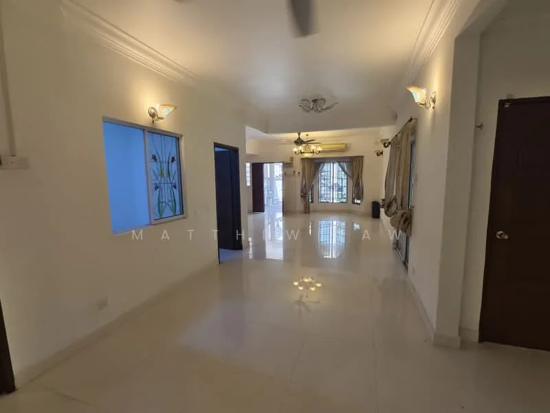 Room features: white painted walls, glossy marble tile flooring, recessed downlights, 5-blade ceiling fan, curtains on windows, decorative wall sconce, doorway leading to another room, large windows with decorative glass, neutral color scheme; style: modern.