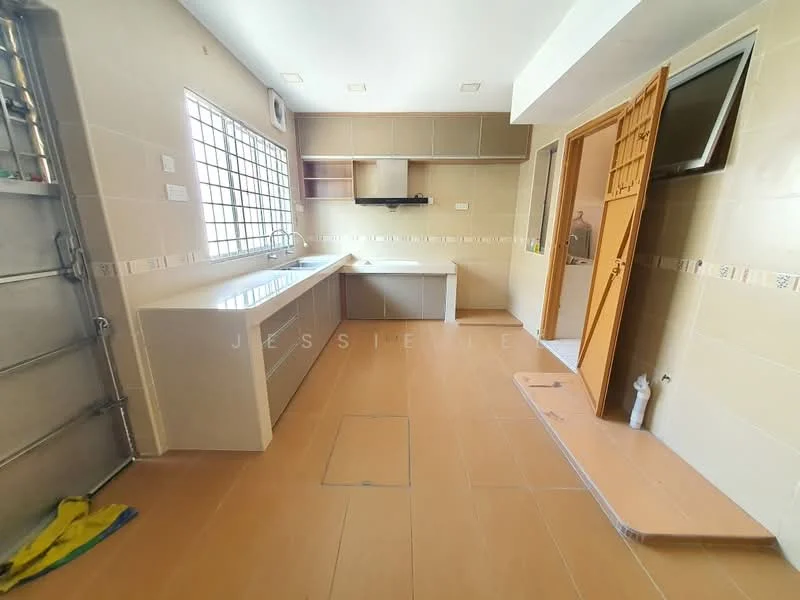 Kitchen features: L-shaped kitchen layout, light beige tiled flooring, cream cabinetry with flat-panel doors, single-bowl stainless-steel sink, chrome pull-down faucet, countertop with light-colored surface, built-in wall shelf, window with grid pattern, door leading to utility area, tile backsplash, open space for appliances, wall-mounted electrical outlets; style: modern.