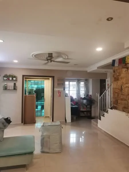 Living features: cream painted walls, polished tile flooring, 5-blade ceiling fan with light, recessed downlights, wooden staircase, decorative stone wall, open layout, large windows, shelving unit, greenery visible through windows; style: modern.