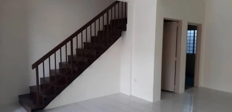 Room features: white painted walls, white tiled flooring, wooden staircase, open space, doorway leading to another room, doorway leading to a closet, natural light from windows, neutral color scheme; style: modern.