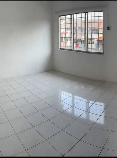 Room features: white painted walls, white tiled flooring, large window with grid pattern, natural light from window, no visible furniture, empty space, neutral color scheme; style: minimalist; view: street.