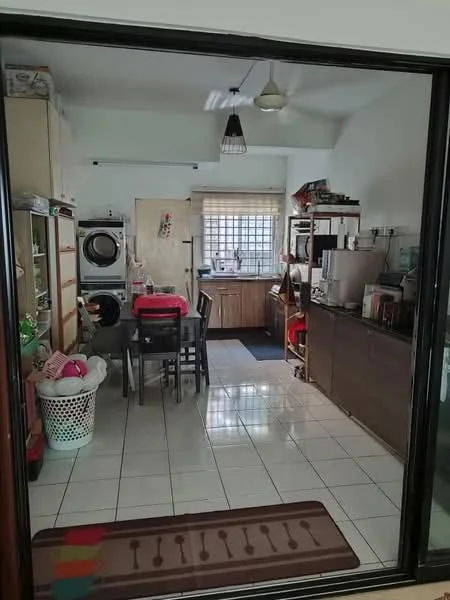 Kitchen features: white painted walls, tile flooring, ceiling light fixture, window with grid pattern, wood cabinetry, stainless-steel sink, built-in washing machine, refrigerator, dining table with chairs, open shelving, countertop with appliances, laundry basket, decorative rug; style: modern.